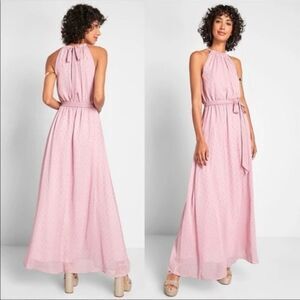Modcloth Metallic Dot Halter Illuminated Elegance Chiffon Maxi Dress Pink L